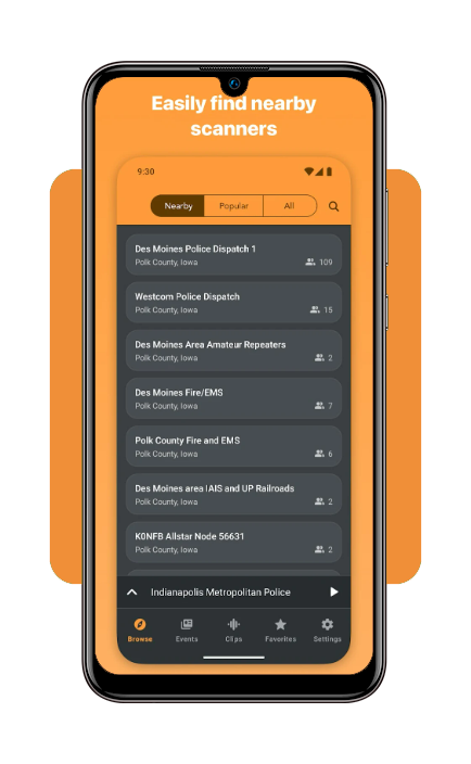 Scanner Radio app Near Me feature showing local police feeds