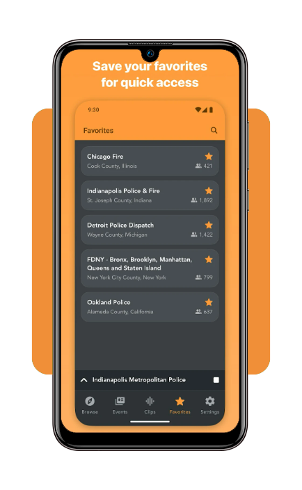 Scanner Radio app favorites list with starred channels