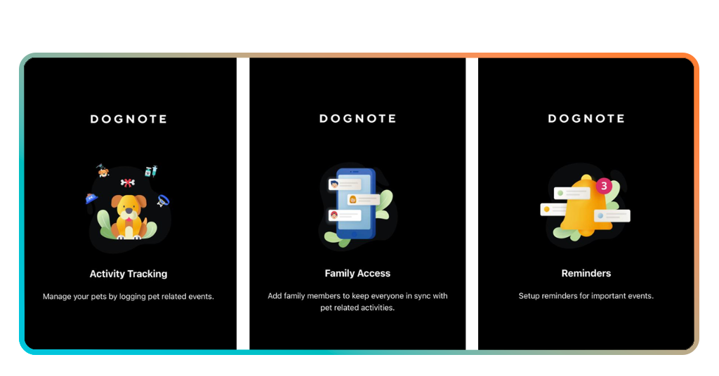 DogNote onboarding screens interface