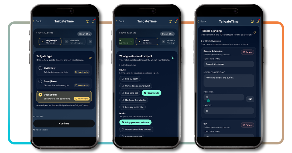World Cup Tailgate: download this free app for the best parties 3 TailgateTime event creation screen showing tailgate type and details options