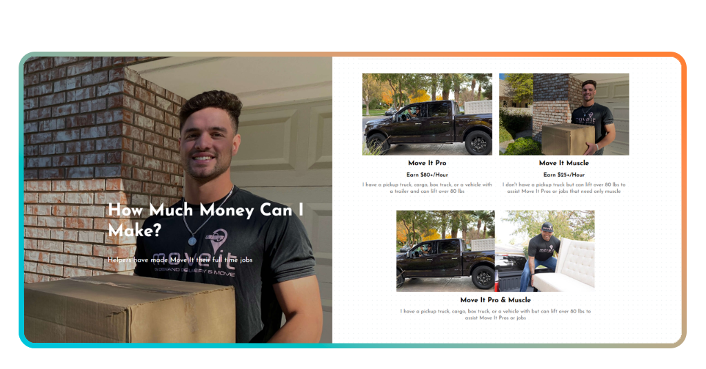 Move It Helper app: sign up and earn $30/hour moving furniture 3 Move It Helper app role selection Pro or Muscle