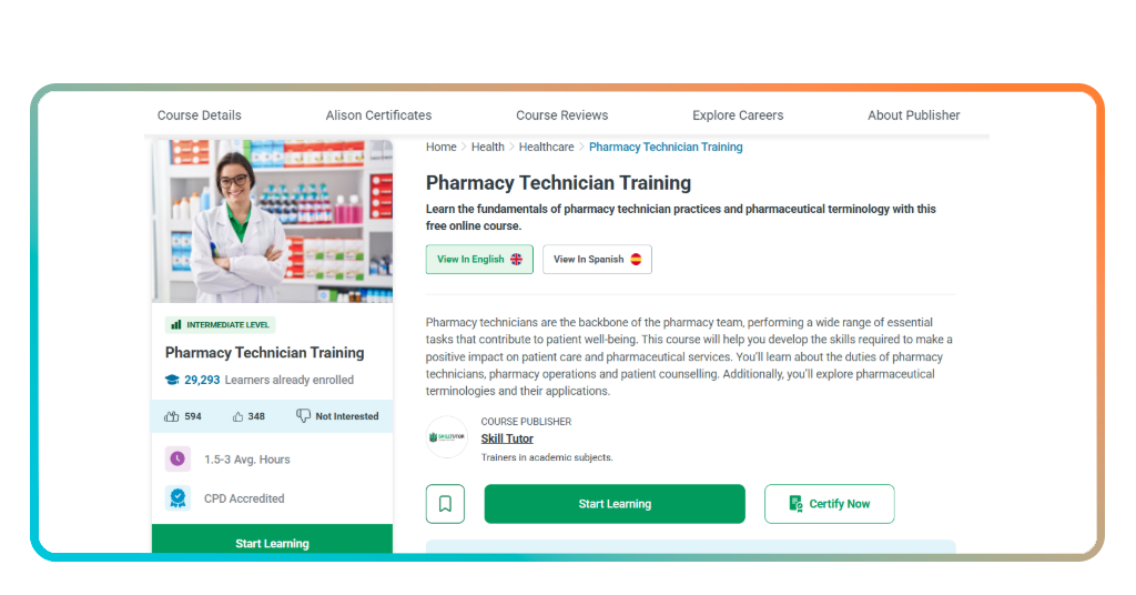 Step 2 - Locate the pharmacy technician course on Alison