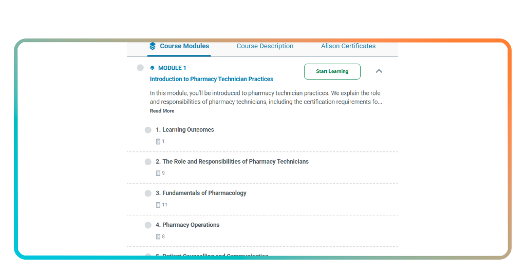 Step 4 - Begin the pharmacy technician training modules on Alison