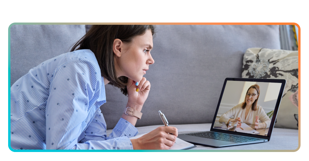Young woman in an online therapy meeting with a psychologist
