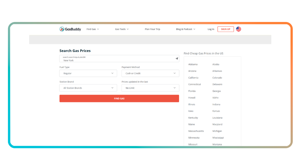 GasBuddy app search by location or fuel type
