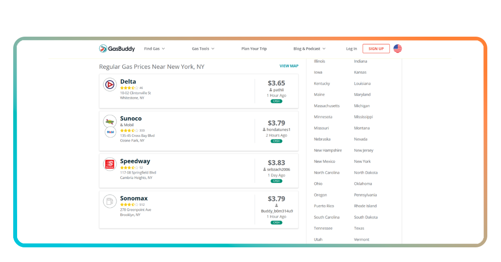 GasBuddy app station list with Deal Alert banner