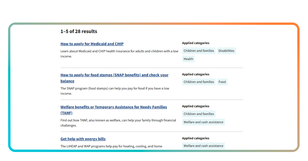 Personalized results page of the immigrant benefits check tool