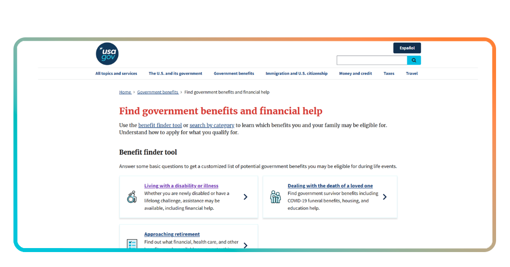 Missing benefits tool: find benefits you didn't know about 2 Benefit finder life event selection screen showing categories like disability and retirement