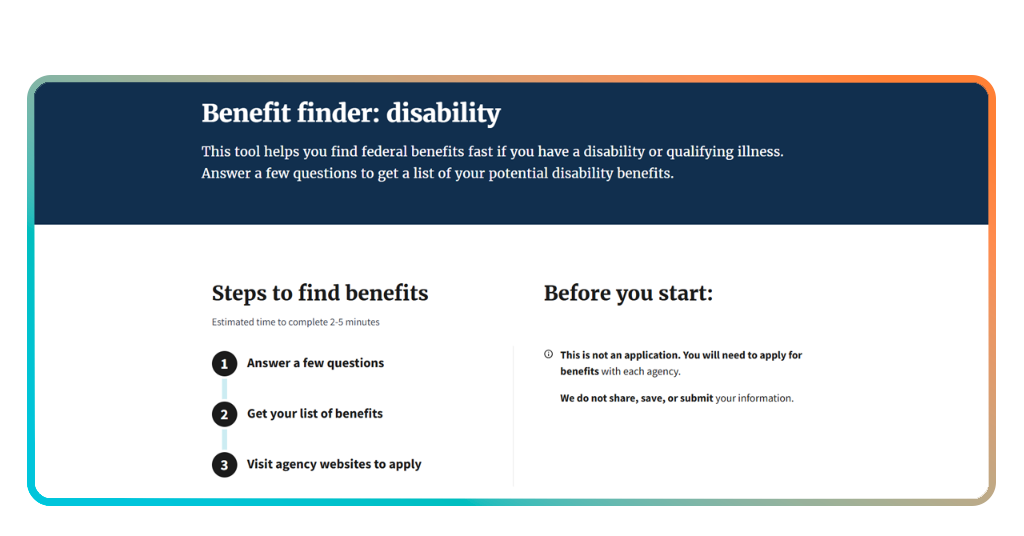 Missing benefits tool: find benefits you didn't know about 4 Eligibility questionnaire on the benefit finder tool asking about age marital status and citizenship