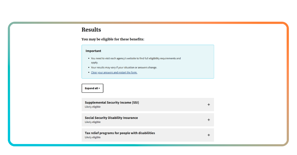 Missing benefits tool: find benefits you didn't know about 5 Results page of the missing benefits tool showing matched government programs and apply links