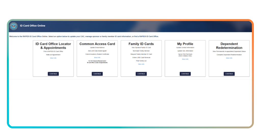 Military ID: how to apply for your document online 1 ID Card Office Online website homepage for Military ID applications