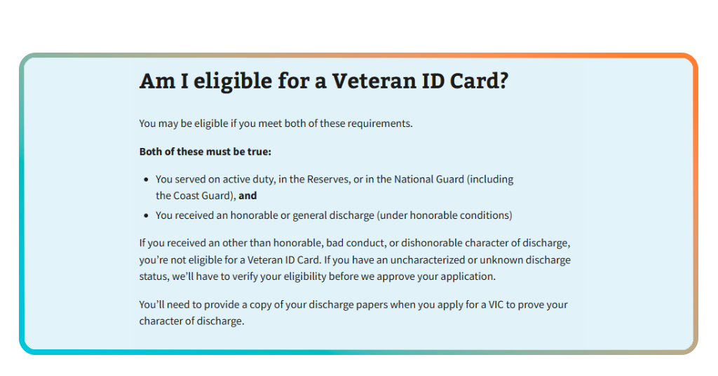 Veteran ID card: how to apply to get your digital ID card 3 Step 3 - Check eligibility for the Veteran ID Card