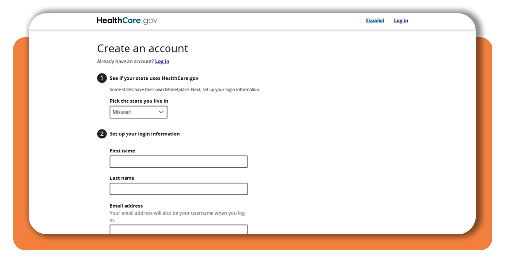 Healthcare.gov account creation screen for CHIP application