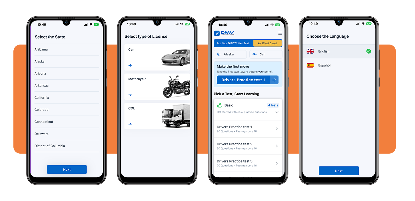 DMV written test app - diagnostic practice test screen