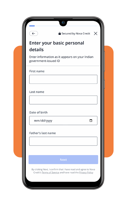Nova Credit personal information entry form for credit score transfer