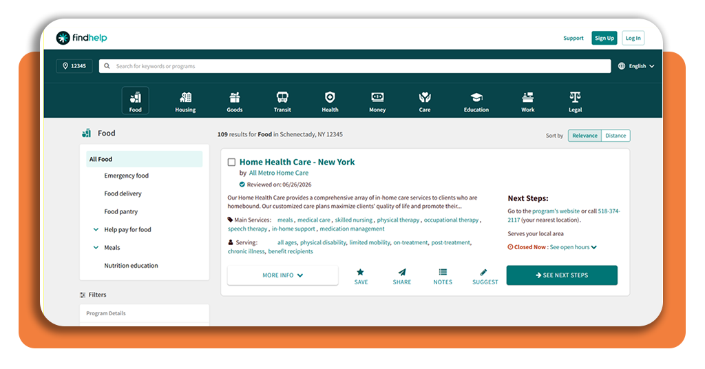 Local aid program: find assistance nearby using FindHelp 3 FindHelp search results screen displaying local aid programs sorted by zip code and keyword