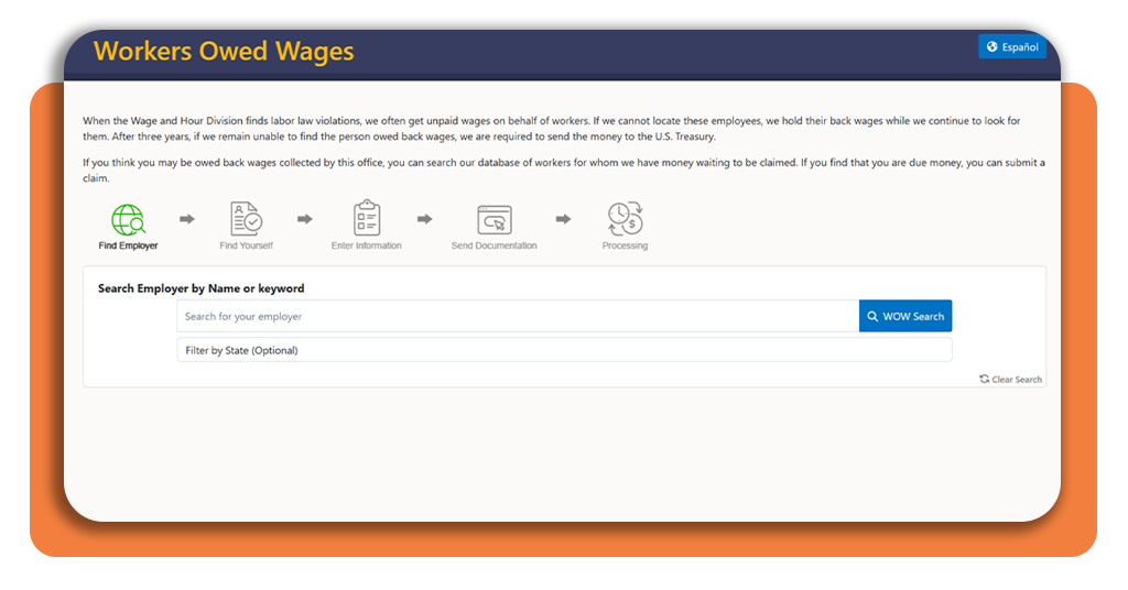 Unclaimed wages: check now if you are owed free money 1 WOW database search screen showing employer name filter and state selector