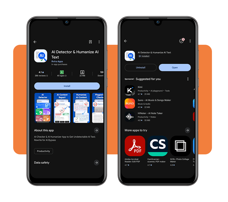 AI Detector app download screen on a mobile device