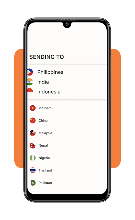 Remitly app screen showing destination country selection