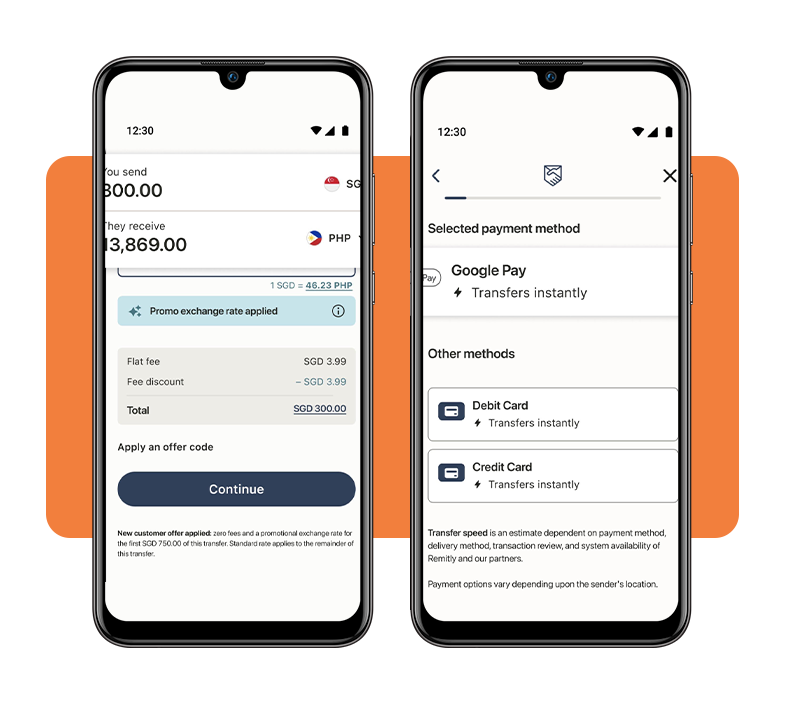 Remitly app screen showing transfer amount and delivery method options