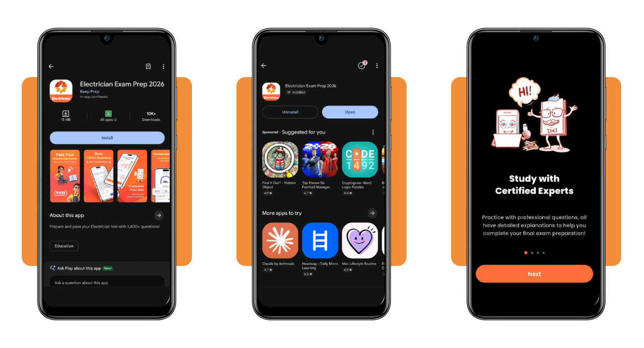 Electrician certification prep: get free electrician training 2 Electrician Exam Prep 2026 app download screen on a mobile device