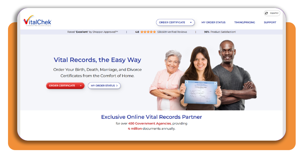 How to obtain a certified copy of a birth certificate online 1 VitalChek website homepage showing the Order Certificate button