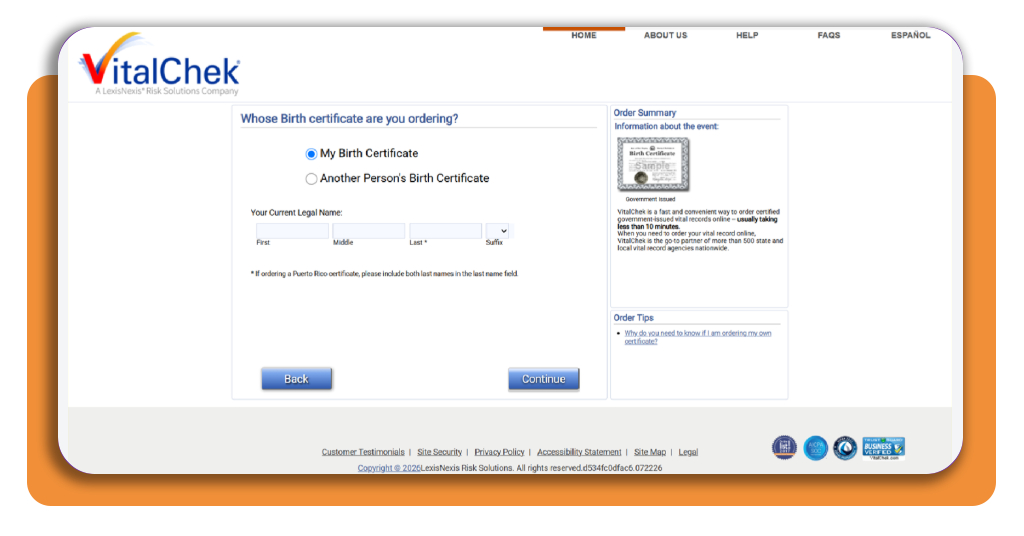How to obtain a certified copy of a birth certificate online 2 VitalChek application form for requesting a certified birth certificate copy