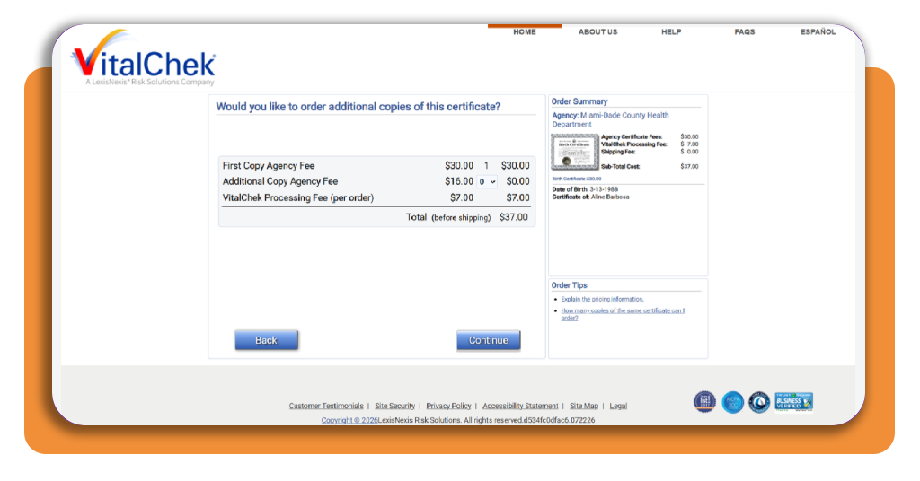 How to obtain a certified copy of a birth certificate online 3 VitalChek payment and identity verification step for birth certificate order