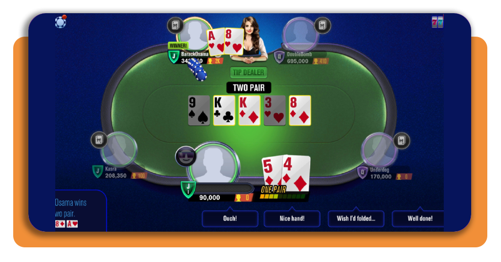 WSOP Poker gameplay showing cards and betting buttons
