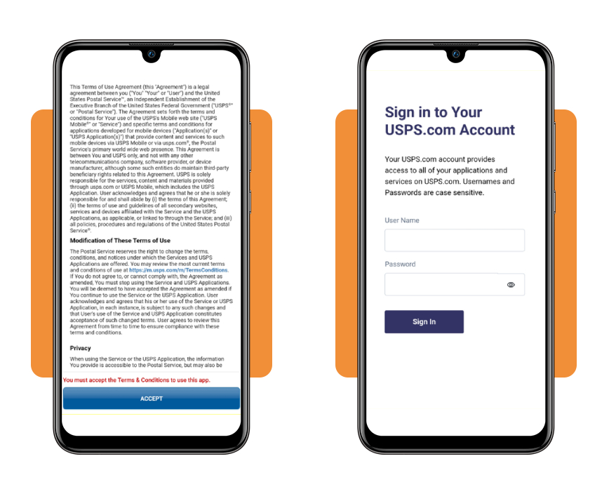 How to use the USPS app to track important documents 4 USPS app account setup and terms of use screen
