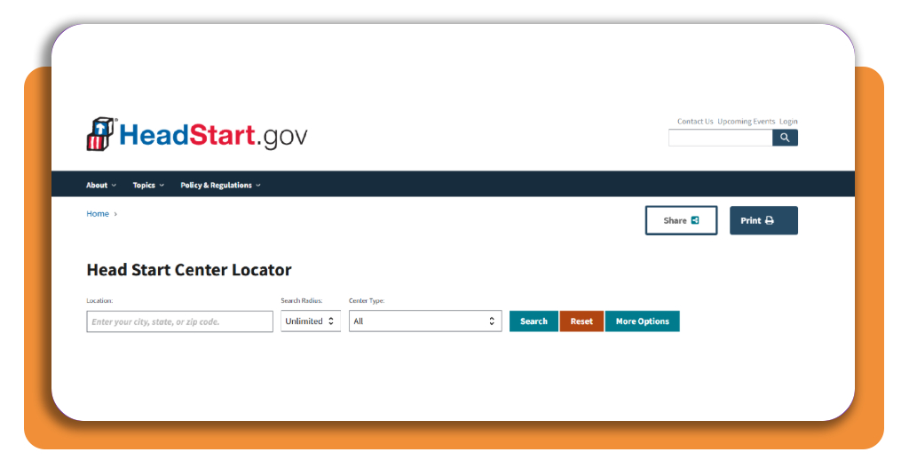 Head Start Center Locator official page screenshot