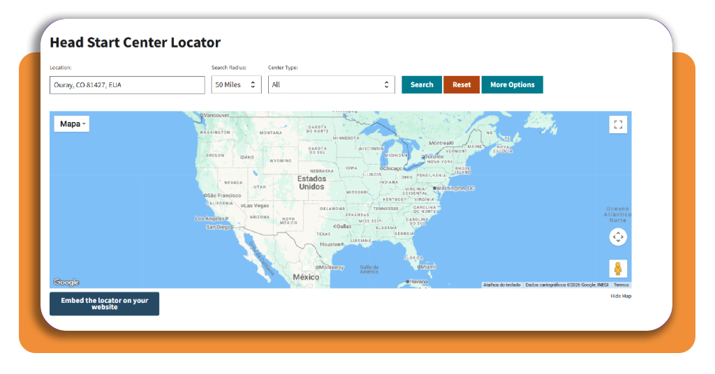 Head Start Center Locator search by ZIP code screenshot