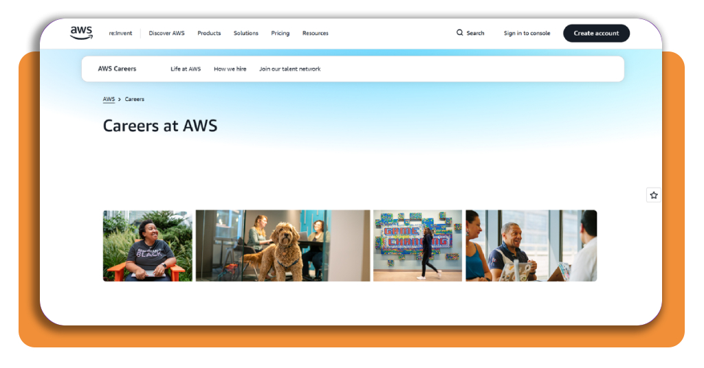 AWS Data Center jobs: land an excellent role at Amazon 1 AWS careers page showing the secondary menu with talent network link