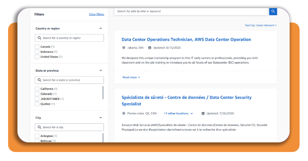 AWS Data Center jobs: land an excellent role at Amazon 2 Amazon job board filtered by location showing AWS Data Center listings