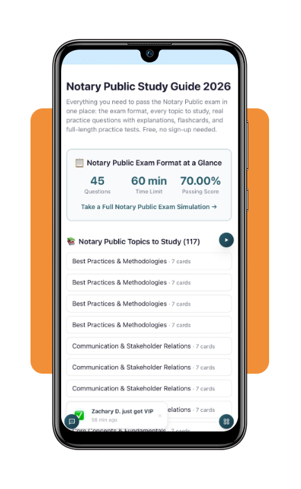 Notary exam simulator study guide with questions and timer