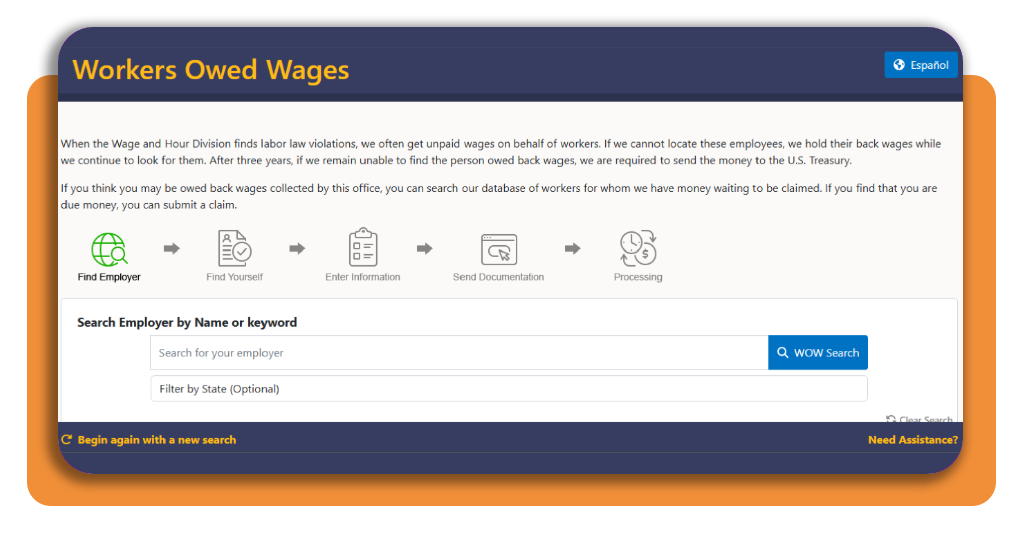 Step 1 - Check the Workers Owed Wages WOW database for unclaimed wages