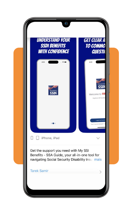 Social Security disability (SSDI) eligibility checker: test now 2 SSDI Benefits SSA Disability app download screen on iPhone