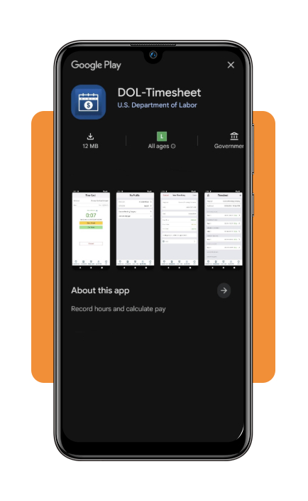 Worker misclassification back pay checker: search now 2 DOL Timesheet app download screen on a mobile device