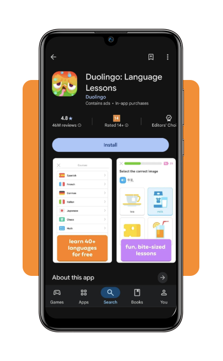 Basic English app for Spanish-speaking US workers: download now 2 Duolingo app download screen on Google Play and App Store