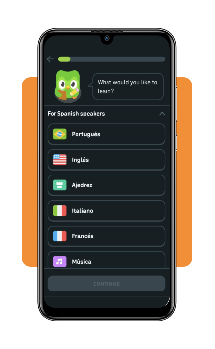 Basic English app for Spanish-speaking US workers: download now 3 Duolingo language selection screen showing English option