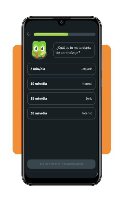 Basic English app for Spanish-speaking US workers: download now 4 Duolingo onboarding screen for setting a daily learning goal