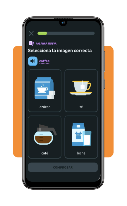 Basic English app for Spanish-speaking US workers: download now 5 Duolingo first lesson exercise screen with translation activity