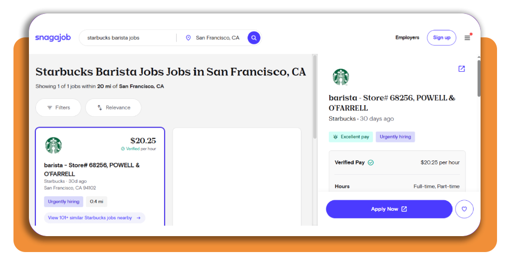 Snagajob search field with Starbucks barista jobs typed in