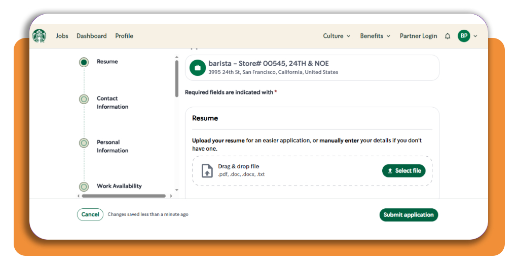Starbucks application form with resume upload section