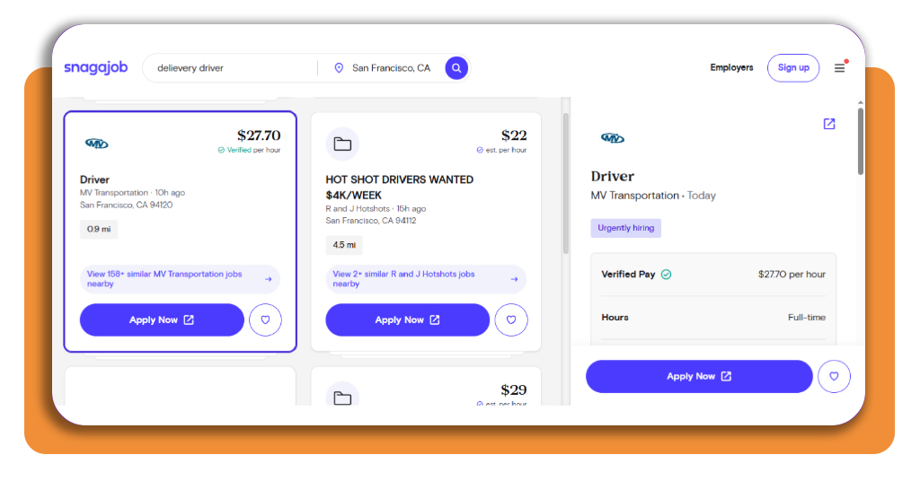 Snagajob search results for delivery driver jobs