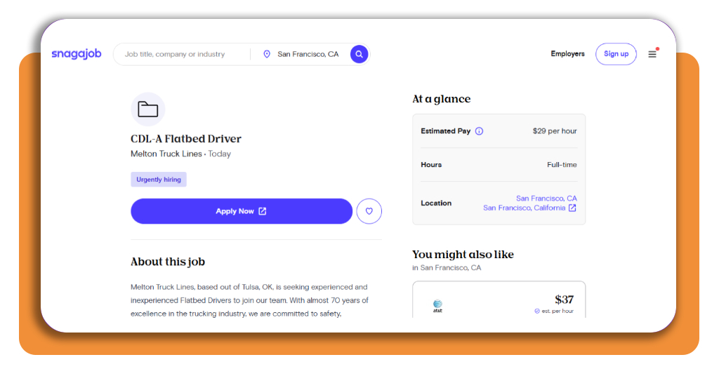 Snagajob job listing detail page for a delivery driver role