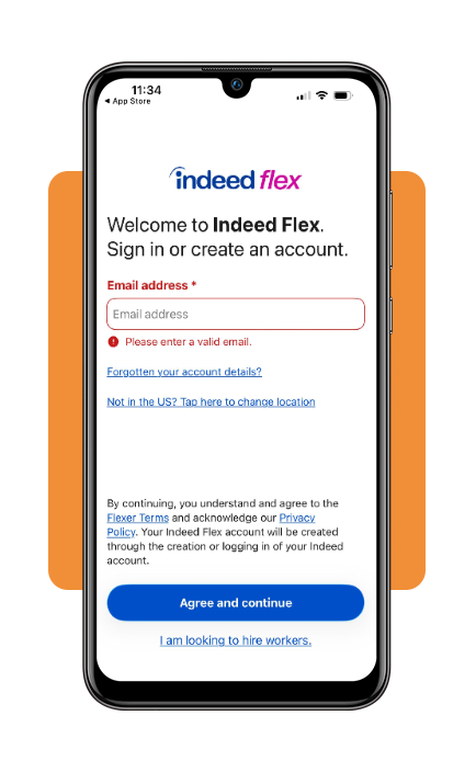 Indeed Flex account creation screen