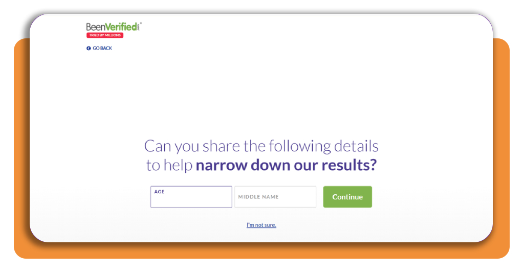 BeenVerified age and middle name entry screen