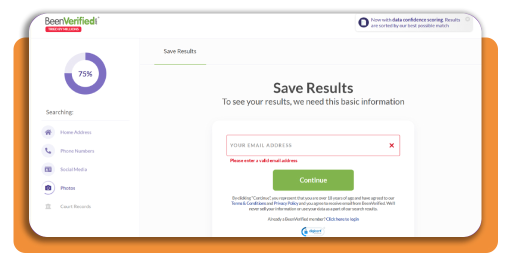 BeenVerified email confirmation screen for background report
