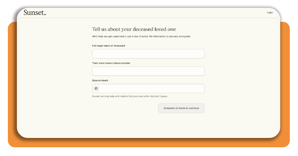 Inheritance finder: see how the platform with this feature works 2 HelloSunset form for entering a loved one's information to begin the inheritance finder search